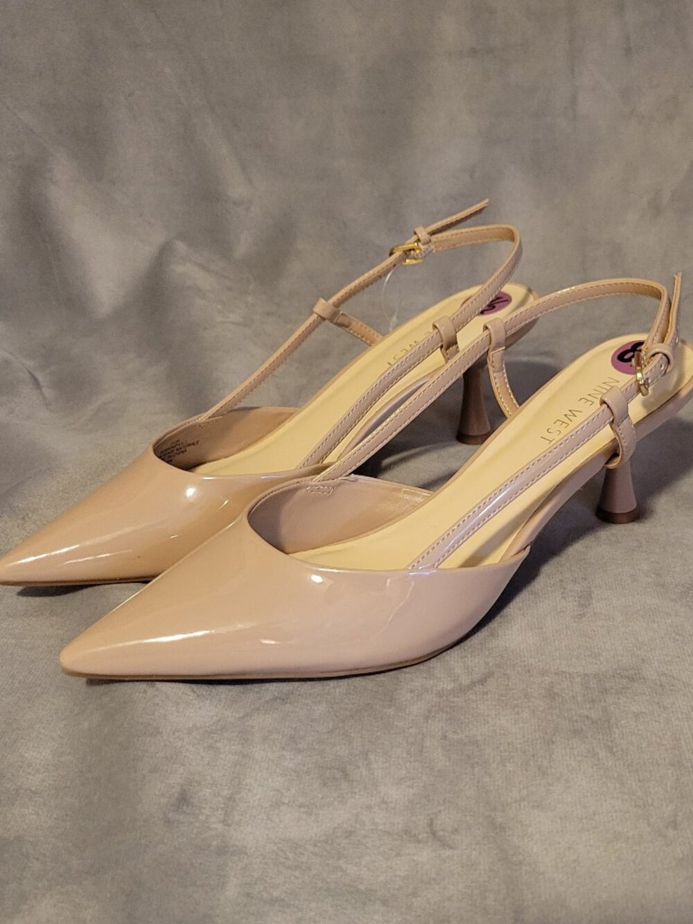 Nine West Beige Patent Slingback Kitten Heels Pointed Toe Buckle Strap 8.5 M NEW